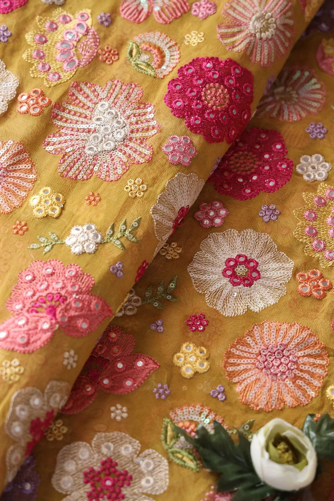 0.70 Meter Cut Piece Of Floral Designer Embroidery With Faux Mirror On Mustard Georgette Fabric