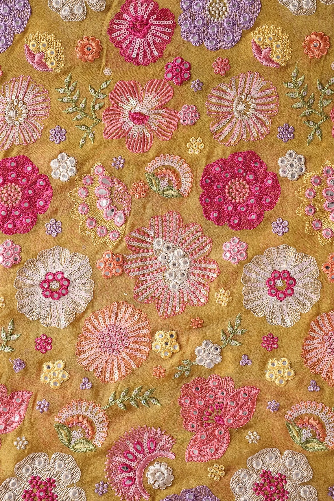 0.70 Meter Cut Piece Of Floral Designer Embroidery With Faux Mirror On Mustard Georgette Fabric