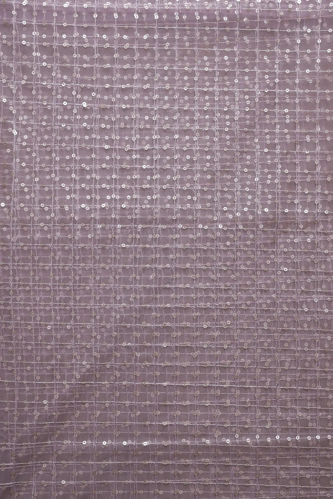 1.75 Meter Cut Piece Of Gold Matt Sequins Small Checks Embroidery Work On Mauve Soft Net Fabric