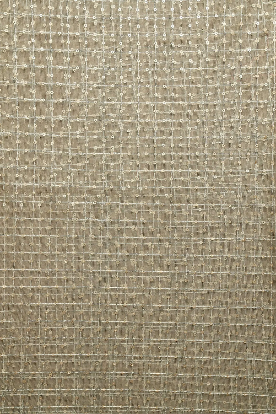 1.75 Meter Cut Piece Of Gold Sequins Checks Embroidery Work On Olive Soft Net Fabric