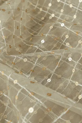 1.75 Meter Cut Piece Of Gold Sequins Checks Embroidery Work On Olive Soft Net Fabric