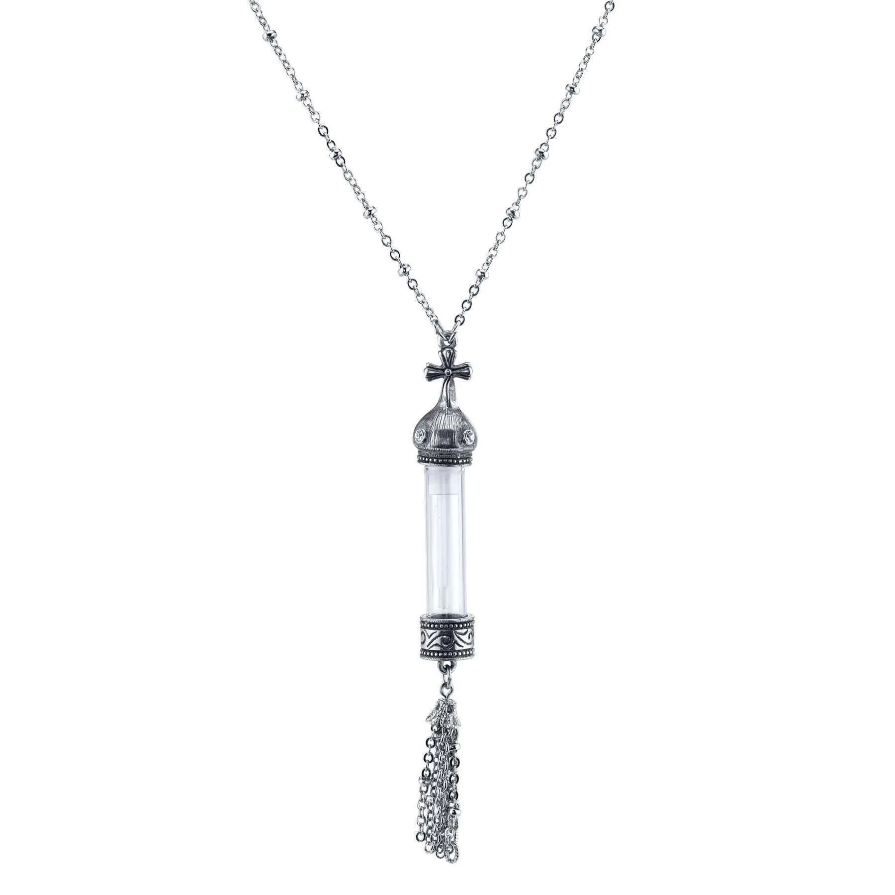 1928 Jewelry Antiqued Cross Cap Clear Crystal Glass Vial Tassel Necklace 30"