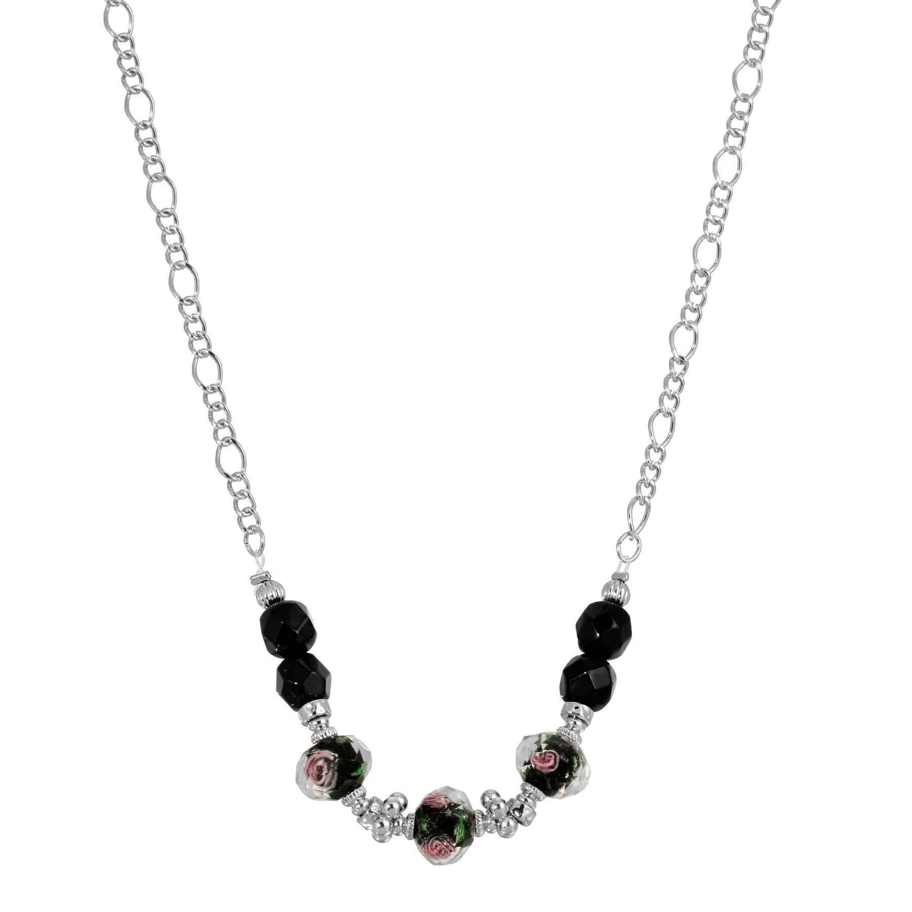 1928 Jewelry Black Floral Beaded Necklace 16"