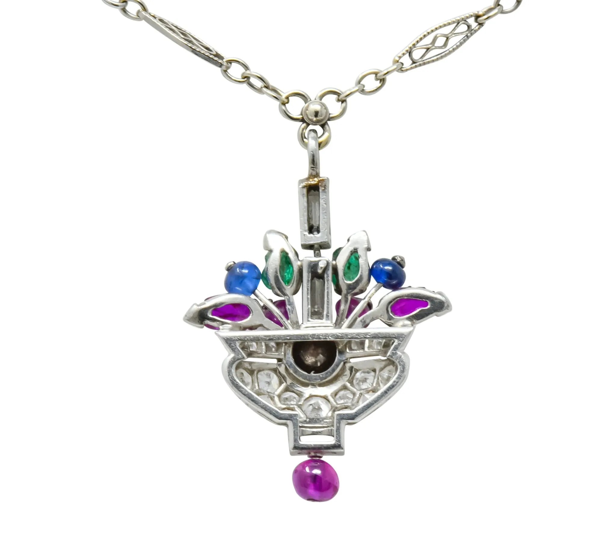 1930's Art Deco 1.20 CTW Diamond Sapphire Emerald Ruby Platinum Tutti Frutti Pendant Necklace