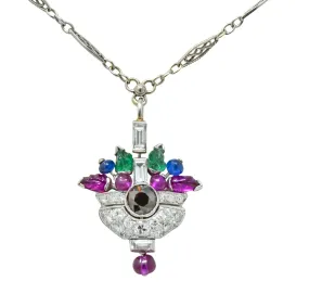 1930's Art Deco 1.20 CTW Diamond Sapphire Emerald Ruby Platinum Tutti Frutti Pendant Necklace