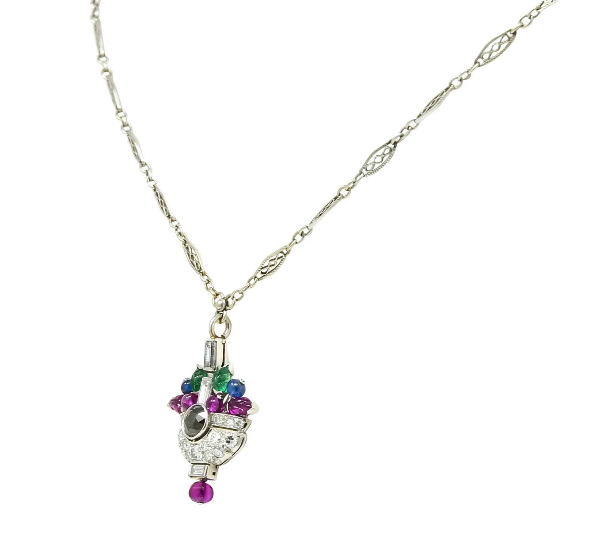 1930's Art Deco 1.20 CTW Diamond Sapphire Emerald Ruby Platinum Tutti Frutti Pendant Necklace