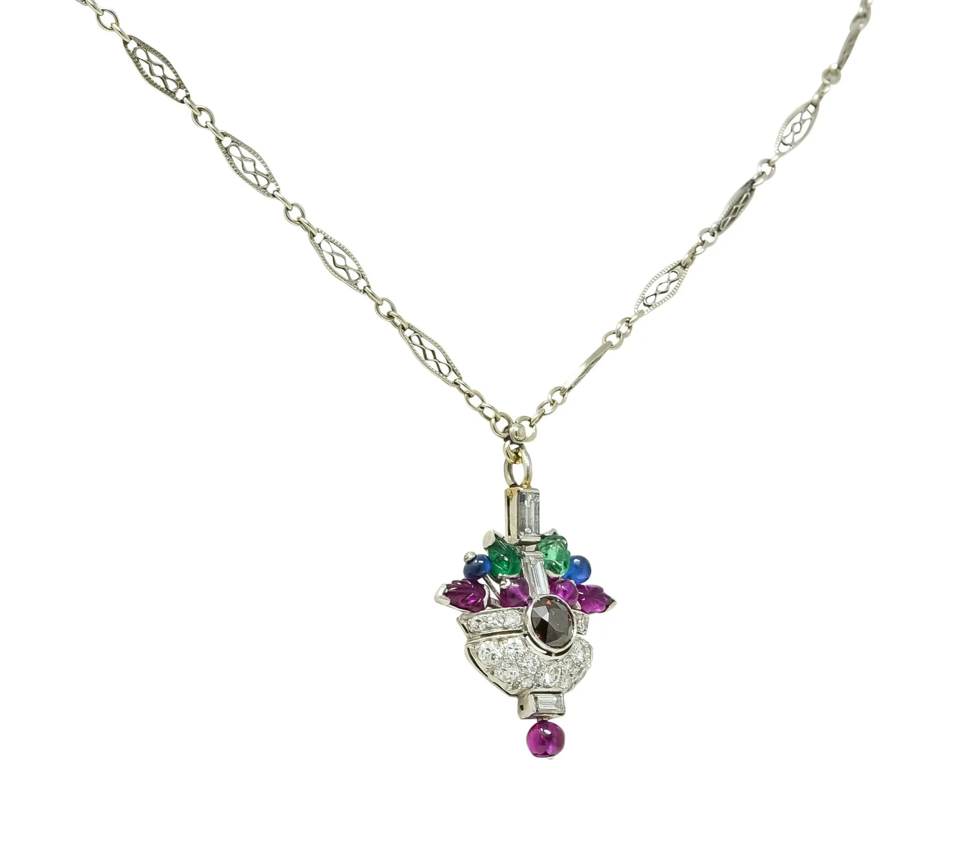 1930's Art Deco 1.20 CTW Diamond Sapphire Emerald Ruby Platinum Tutti Frutti Pendant Necklace