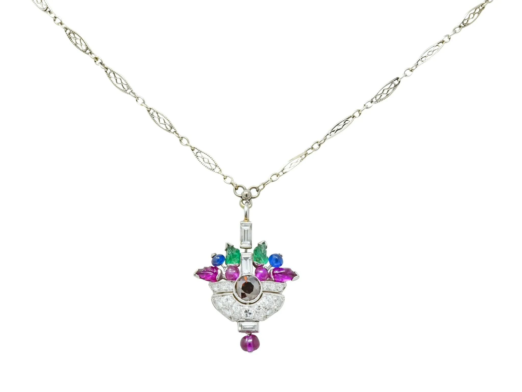 1930's Art Deco 1.20 CTW Diamond Sapphire Emerald Ruby Platinum Tutti Frutti Pendant Necklace