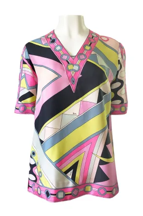 1960s Emilio Pucci Pink Geometric Print Silk Twill Tunic Top