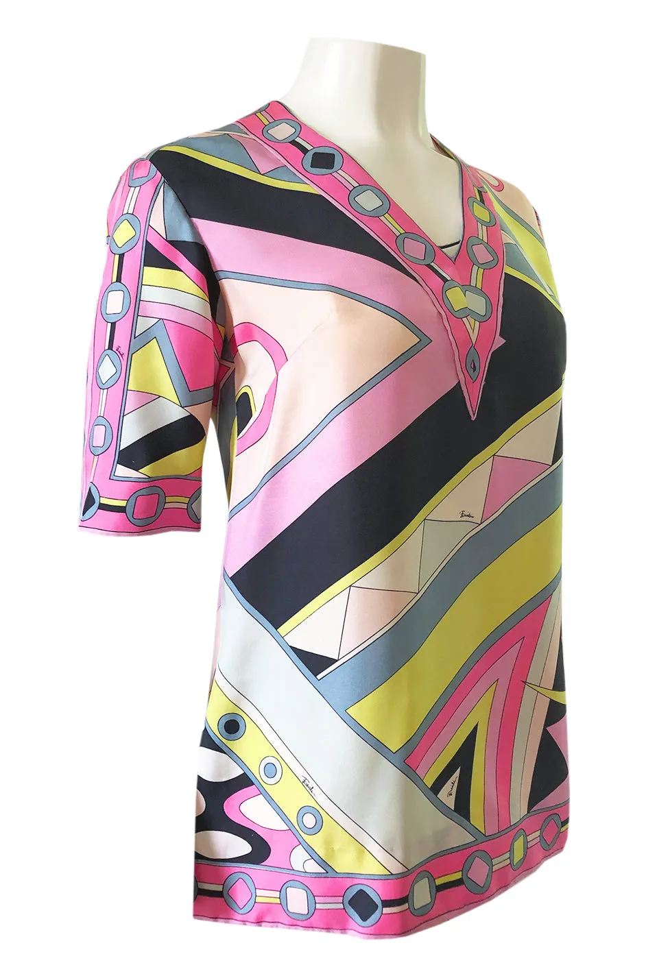 1960s Emilio Pucci Pink Geometric Print Silk Twill Tunic Top