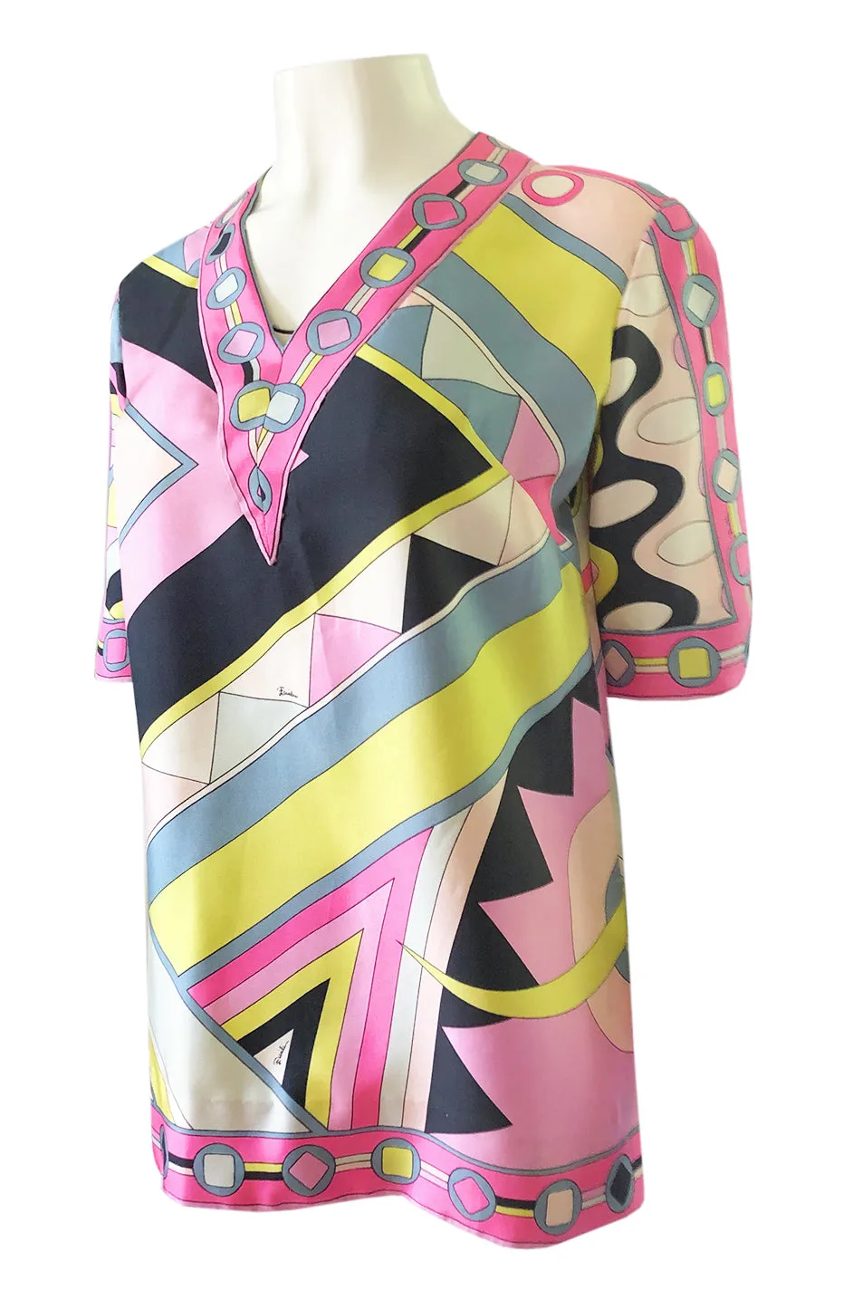 1960s Emilio Pucci Pink Geometric Print Silk Twill Tunic Top