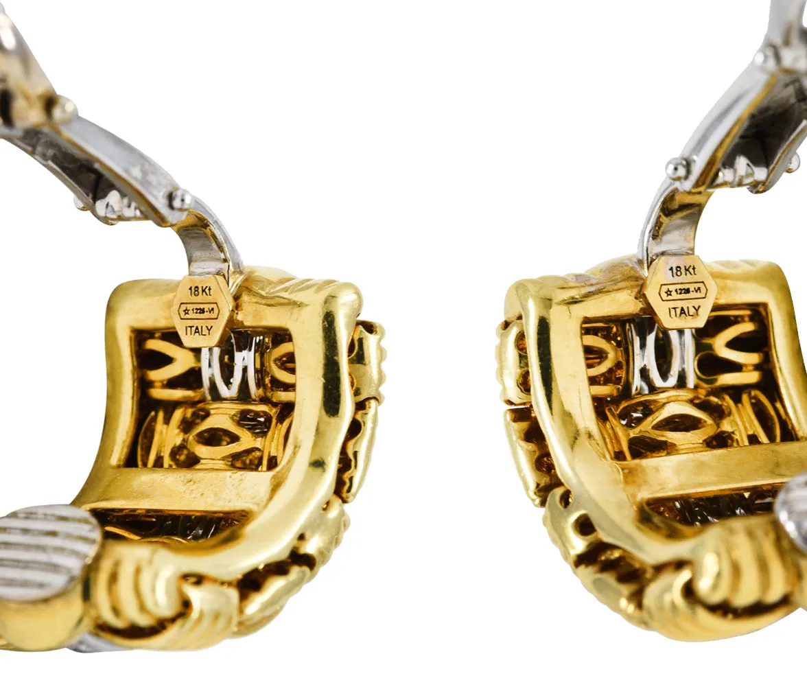 1990's Roberto Coin Diamond 18 Karat Two-Tone Gold Appassionata Vintage Half-Hoop Earrings