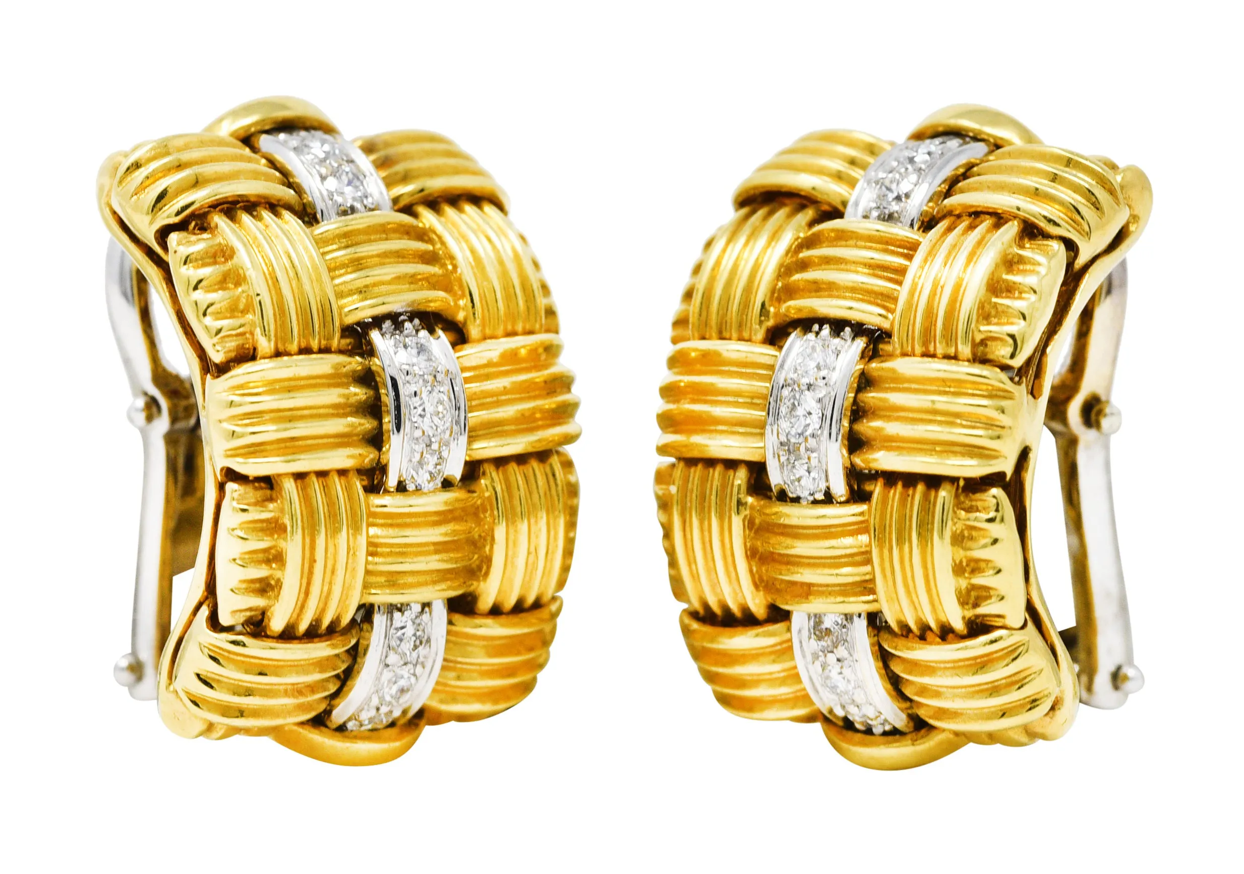 1990's Roberto Coin Diamond 18 Karat Two-Tone Gold Appassionata Vintage Half-Hoop Earrings