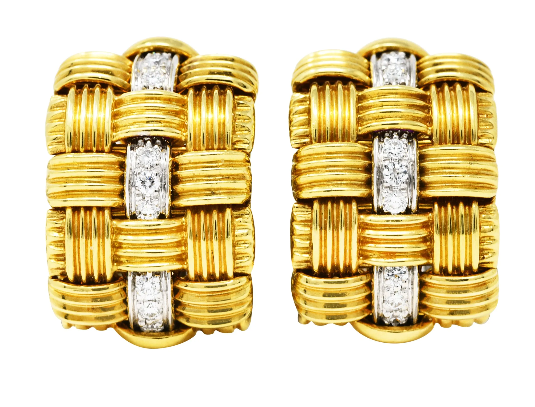 1990's Roberto Coin Diamond 18 Karat Two-Tone Gold Appassionata Vintage Half-Hoop Earrings