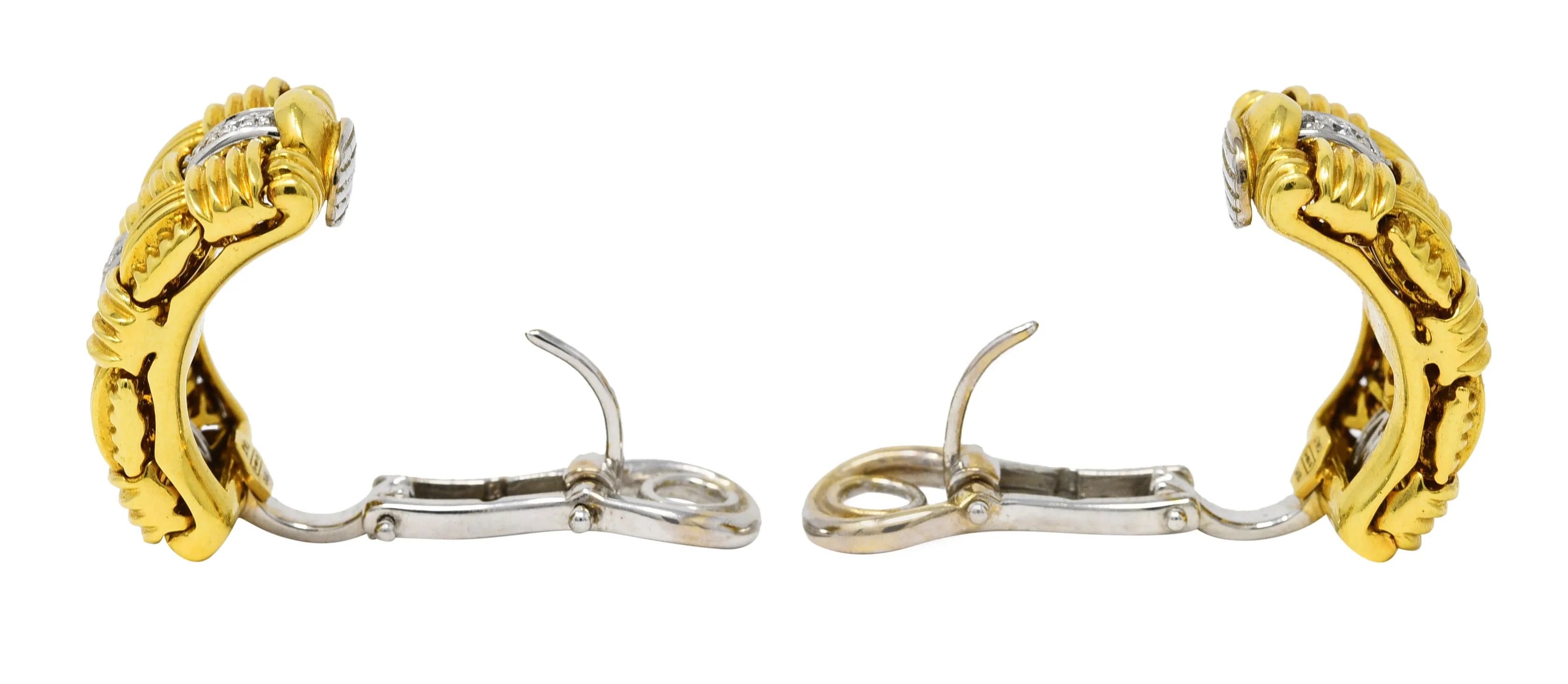 1990's Roberto Coin Diamond 18 Karat Two-Tone Gold Appassionata Vintage Half-Hoop Earrings