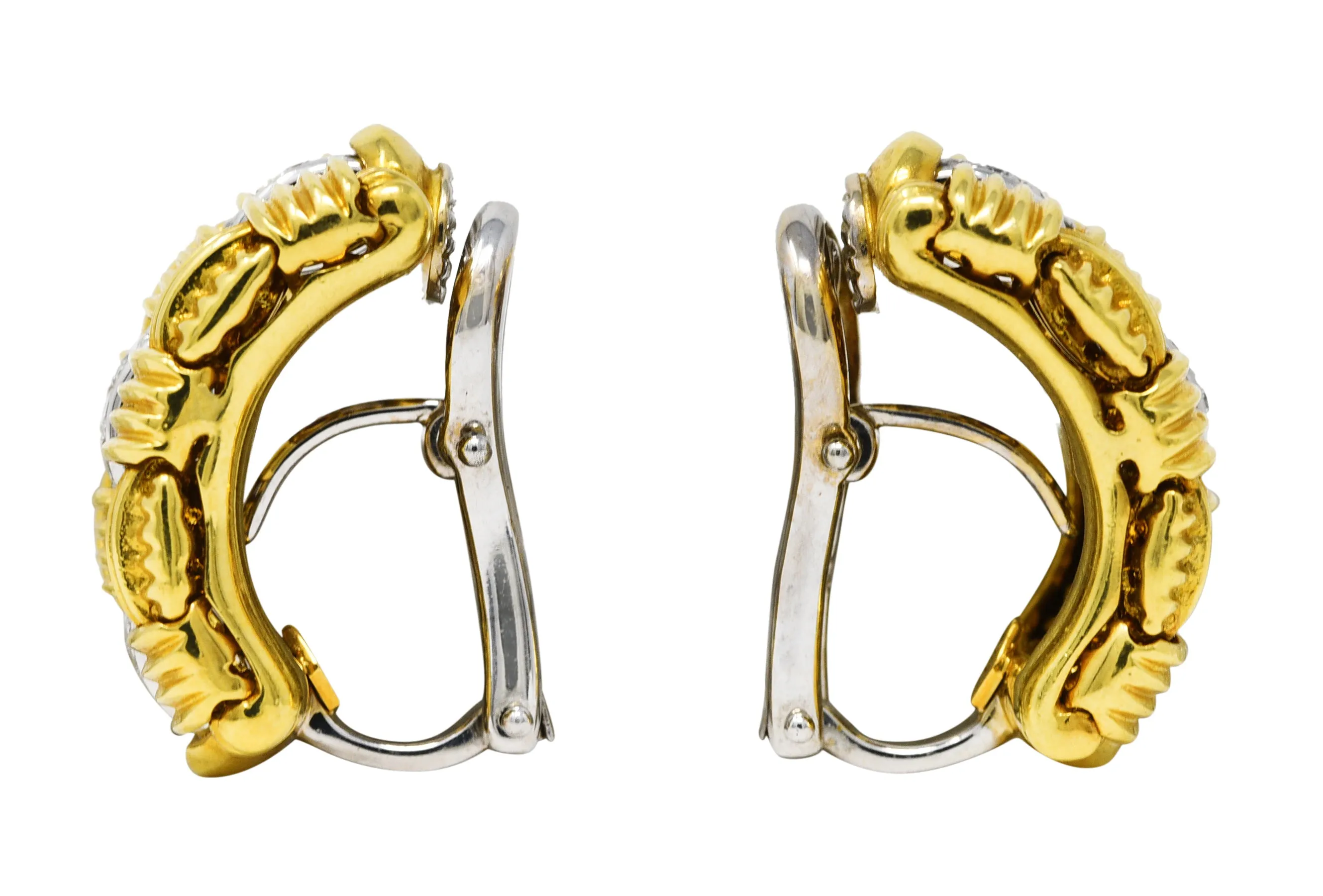 1990's Roberto Coin Diamond 18 Karat Two-Tone Gold Appassionata Vintage Half-Hoop Earrings