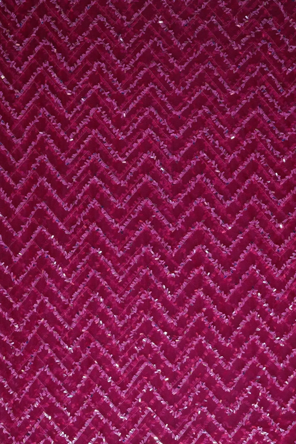 2 Meter Cut Piece Of Oval Sequins Chevron Embroidery Work On Fuchsia Soft Net Fabric