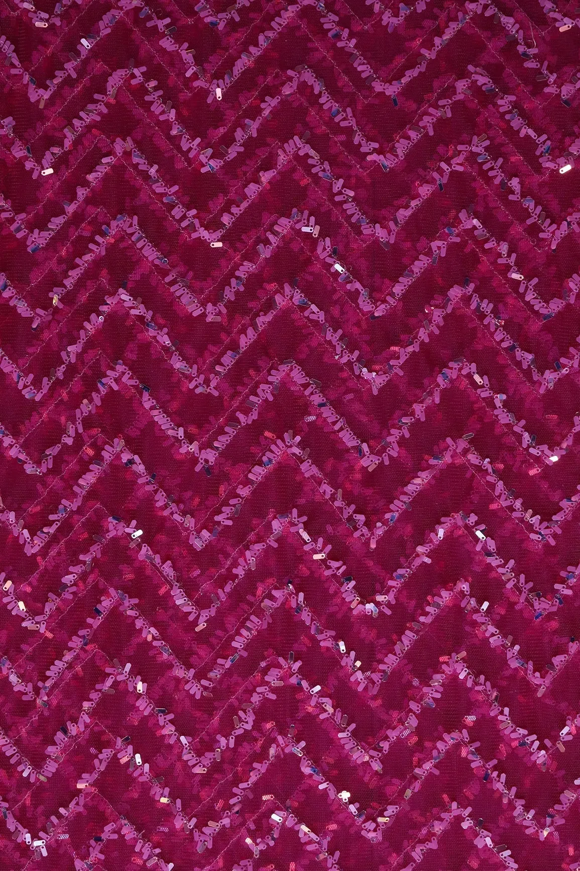 2 Meter Cut Piece Of Oval Sequins Chevron Embroidery Work On Fuchsia Soft Net Fabric