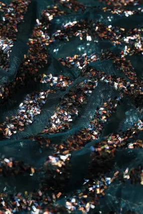 2 Meter Cut Piece Of Oval Sequins Geometric Embroidery Work On Dark Rama Soft Net Fabric