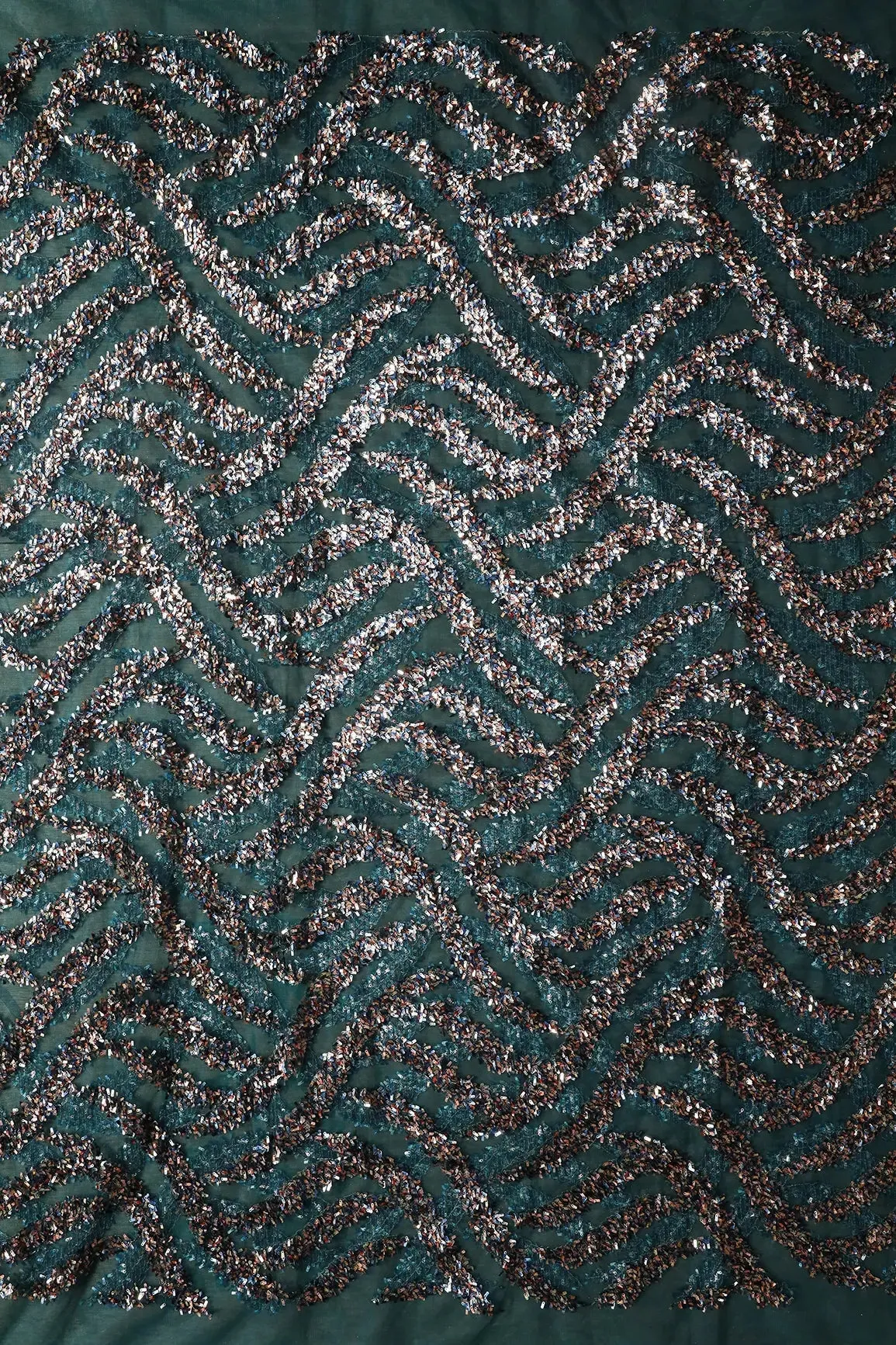 2 Meter Cut Piece Of Oval Sequins Geometric Embroidery Work On Dark Rama Soft Net Fabric