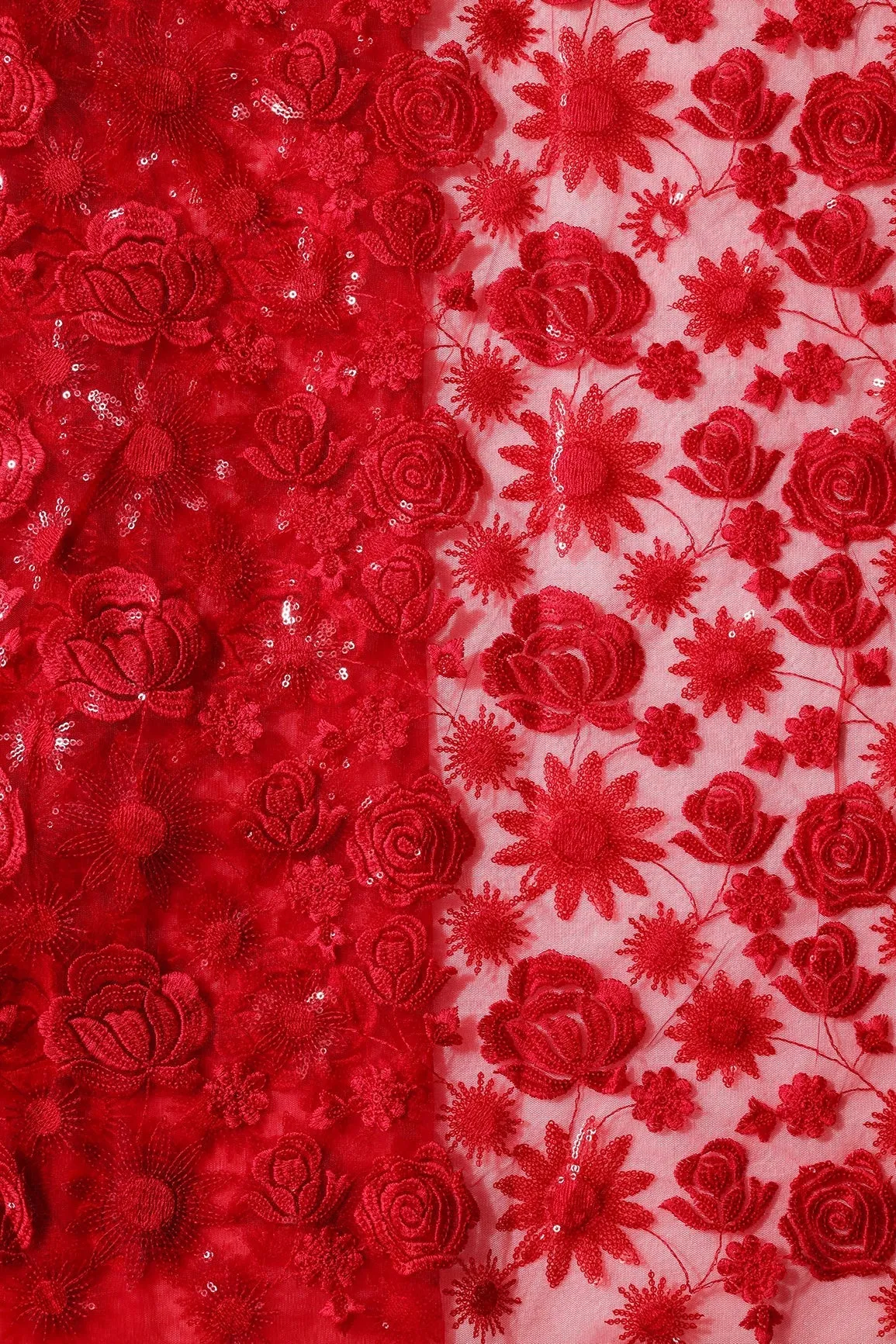 4.5 Meter Cut Piece Of Red Thread With Sequins Floral Embroidery On Red Soft Net Fabric