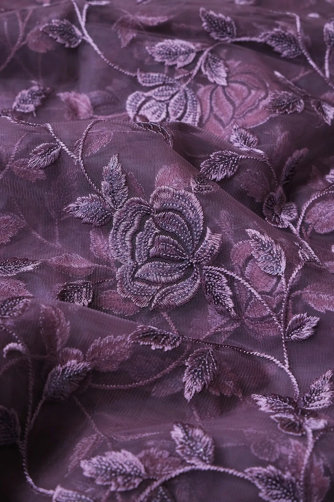 5.75 Meter Cut Piece Of Purple Thread With Sequins Floral Embroidery On Viola Purple  Soft Net Fabric