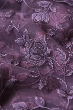 5.75 Meter Cut Piece Of Purple Thread With Sequins Floral Embroidery On Viola Purple  Soft Net Fabric