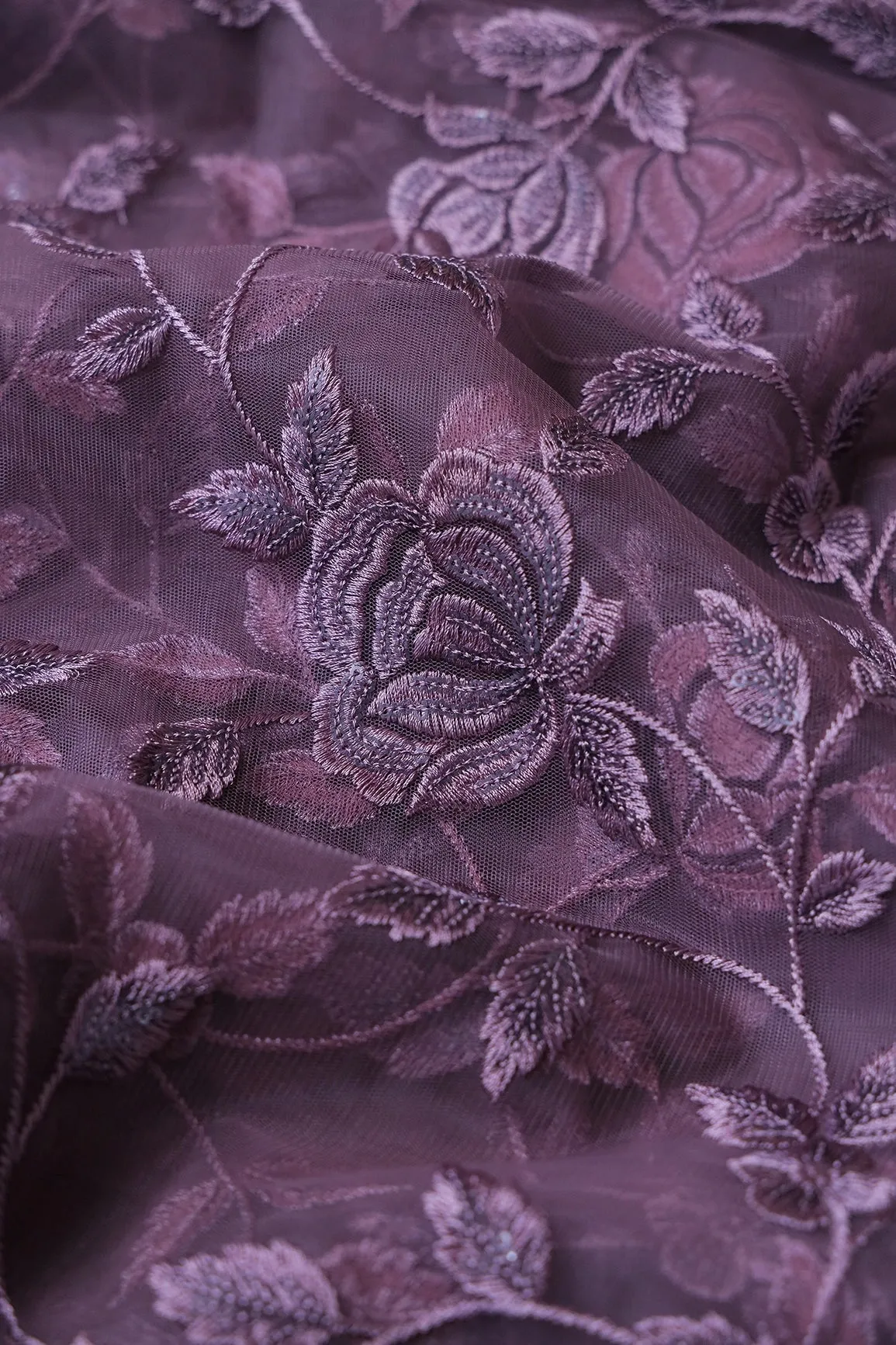 5.75 Meter Cut Piece Of Purple Thread With Sequins Floral Embroidery On Viola Purple  Soft Net Fabric