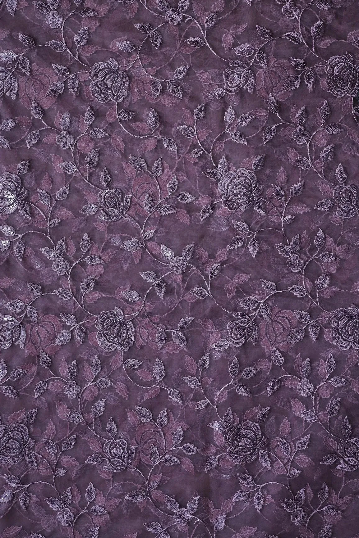 5.75 Meter Cut Piece Of Purple Thread With Sequins Floral Embroidery On Viola Purple  Soft Net Fabric