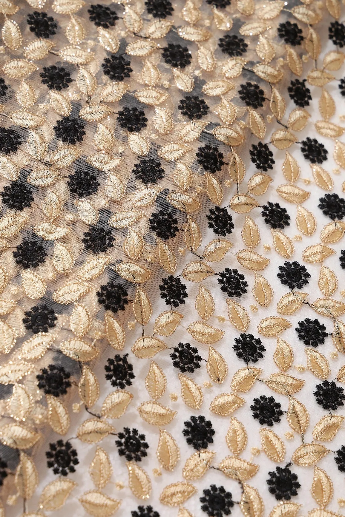 6 Meter Cut Piece Of Black And Beige Thread With Gold Sequins Floral Embroidery On Beige Soft Net Fabric