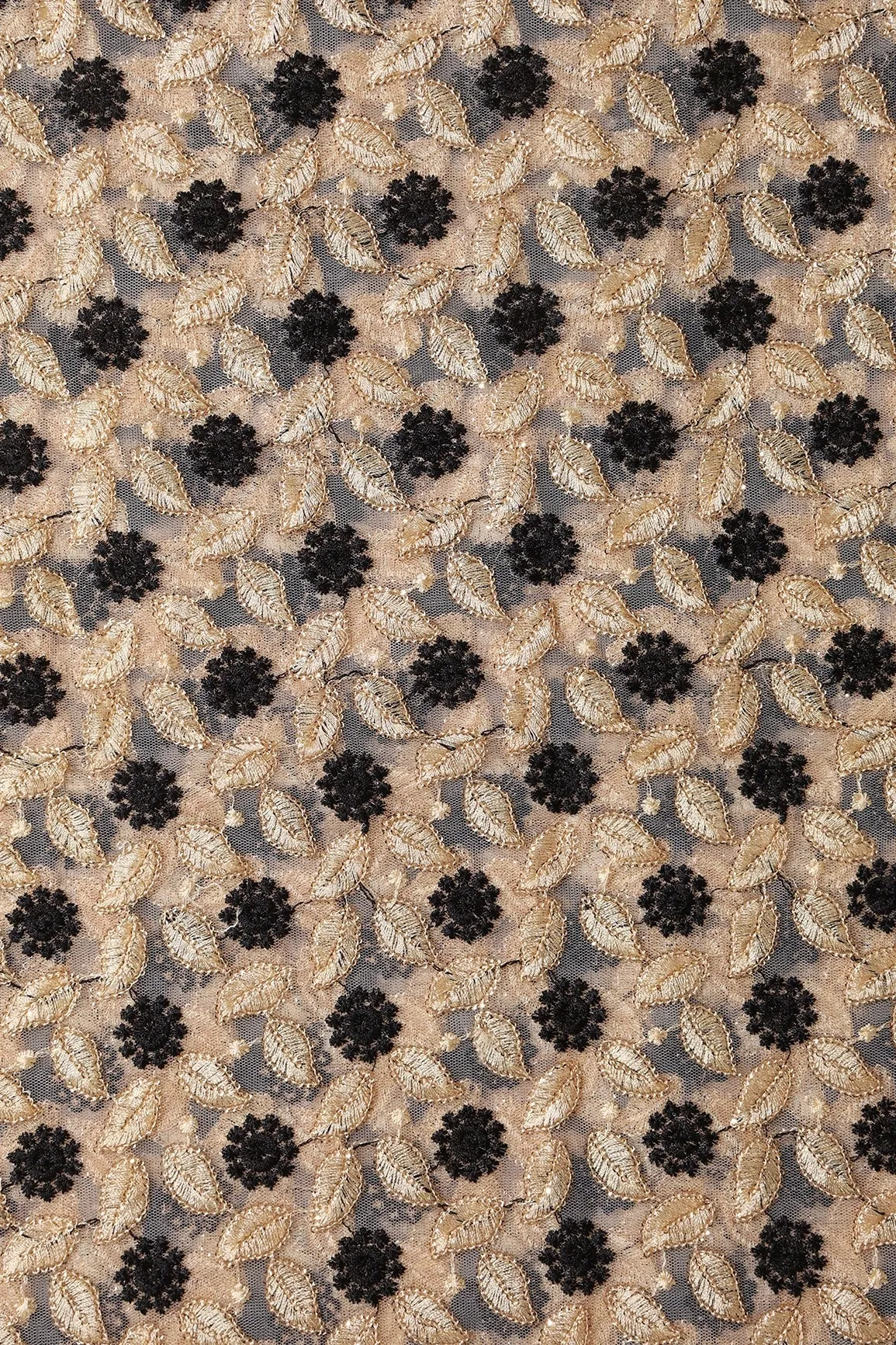 6 Meter Cut Piece Of Black And Beige Thread With Gold Sequins Floral Embroidery On Beige Soft Net Fabric