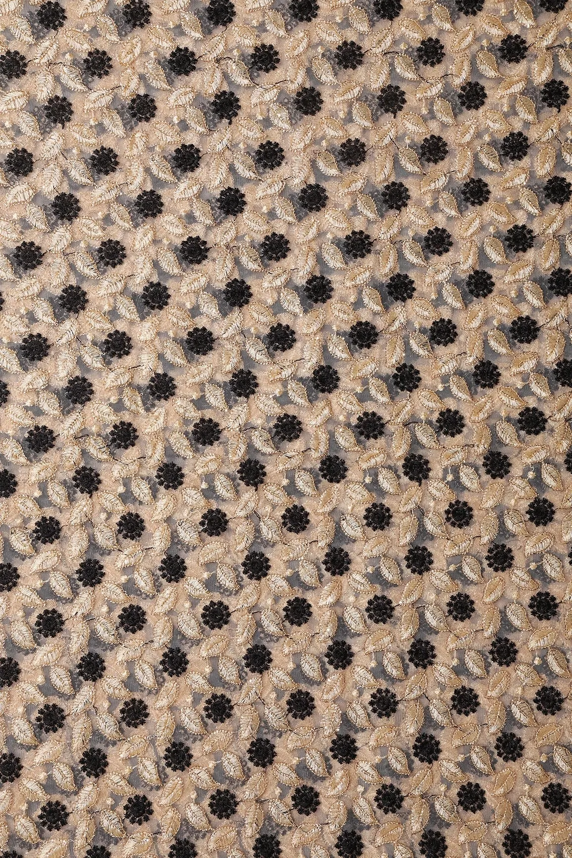 6 Meter Cut Piece Of Black And Beige Thread With Gold Sequins Floral Embroidery On Beige Soft Net Fabric