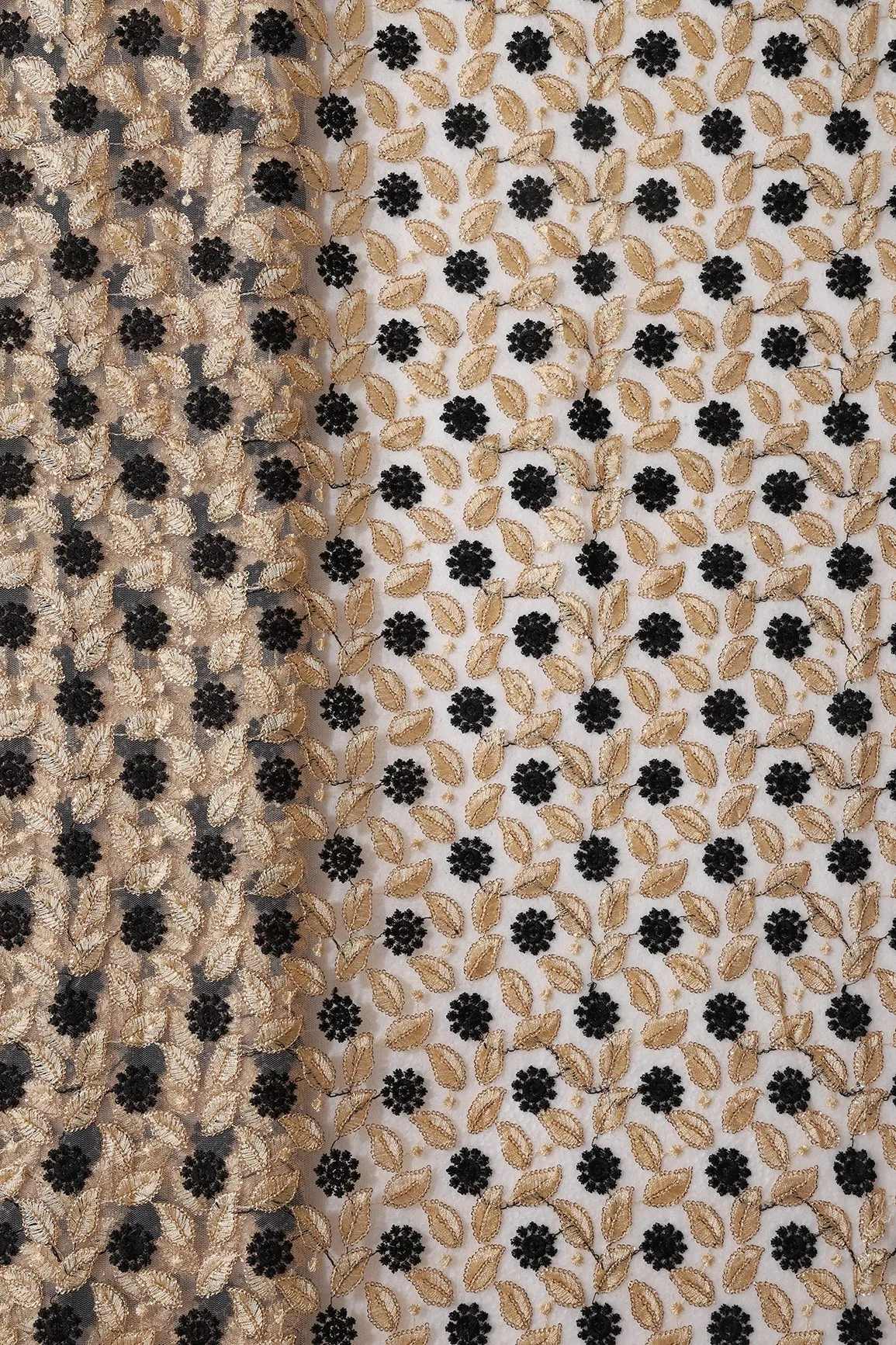 6 Meter Cut Piece Of Black And Beige Thread With Gold Sequins Floral Embroidery On Beige Soft Net Fabric