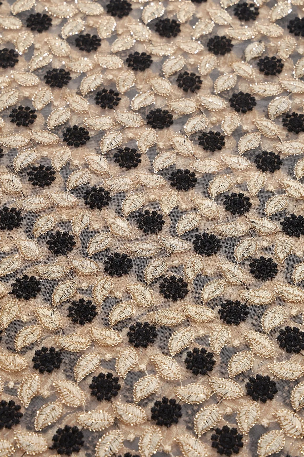 6 Meter Cut Piece Of Black And Beige Thread With Gold Sequins Floral Embroidery On Beige Soft Net Fabric