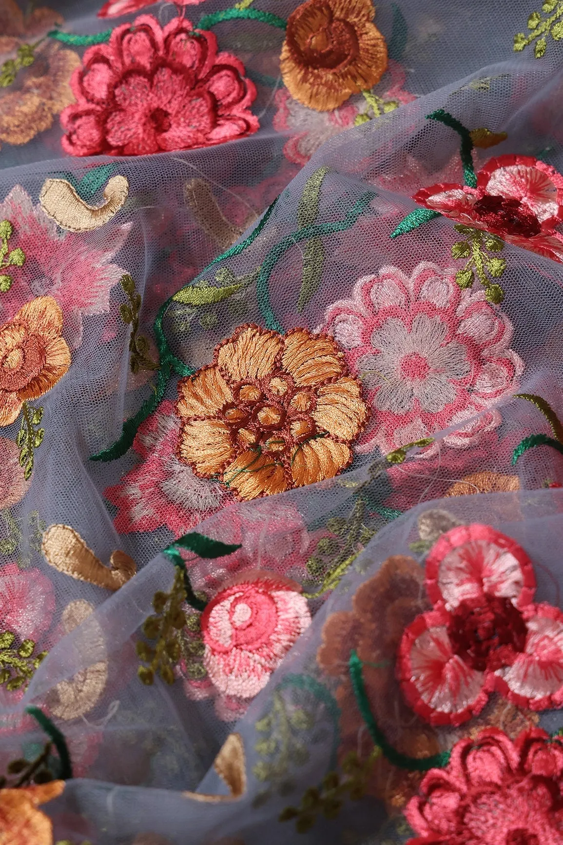 6 Meter Cut Piece Of Multi Thread Beautiful Floral Embroidery On Grey Soft Net Fabric