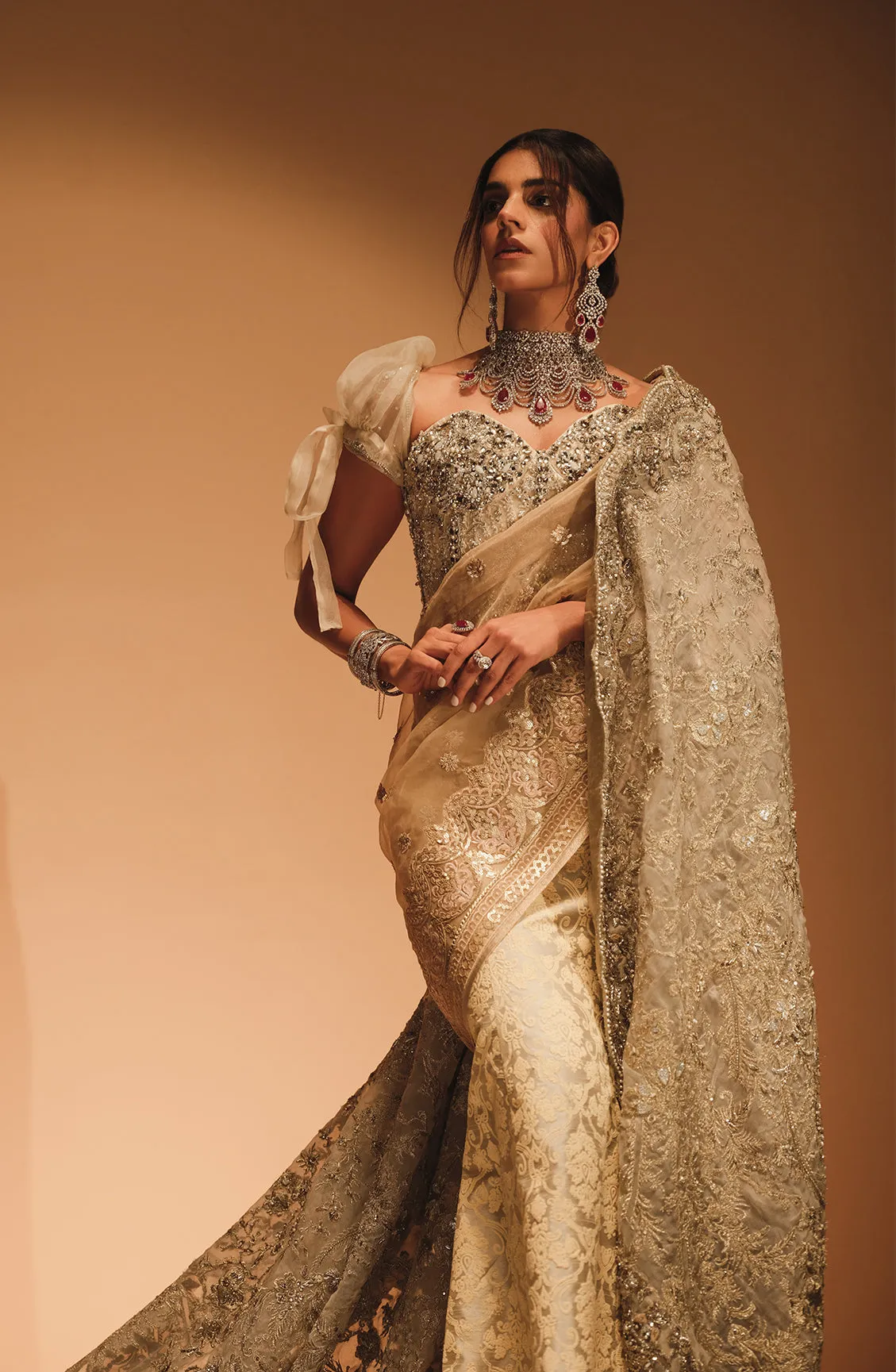 Aarzu - Golden Saree Paired with a Textured Skirt and a Corset