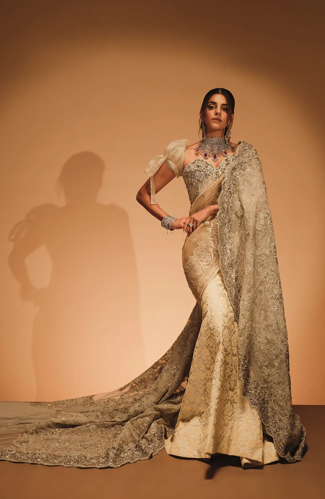 Aarzu - Golden Saree Paired with a Textured Skirt and a Corset