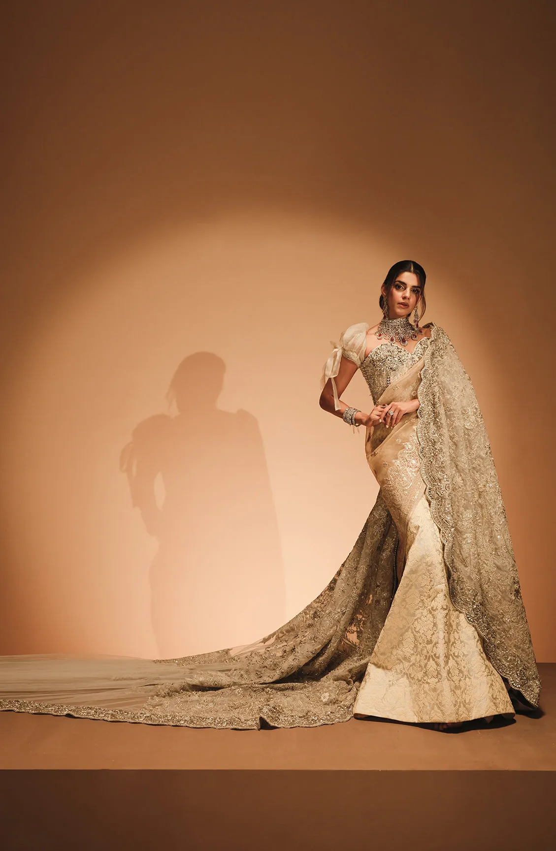 Aarzu - Golden Saree Paired with a Textured Skirt and a Corset