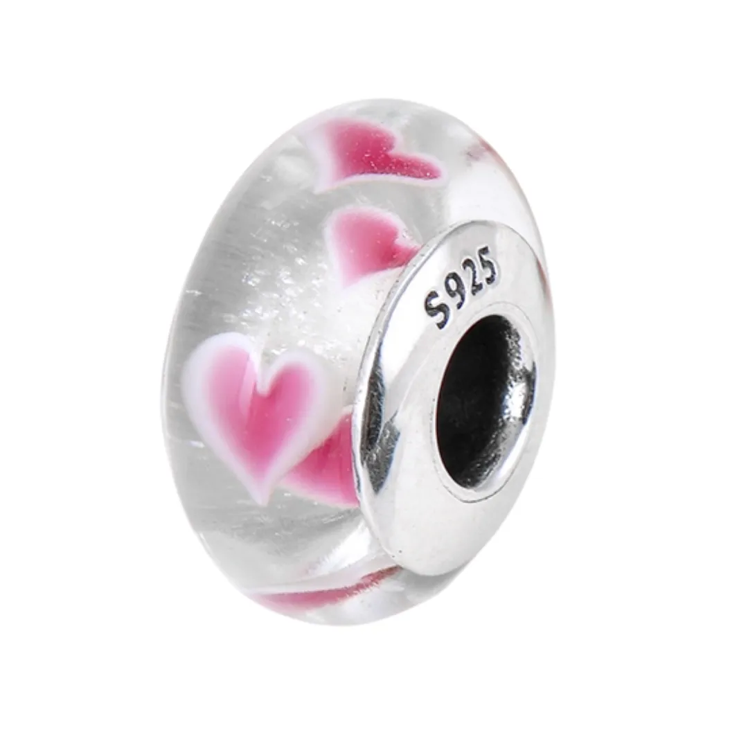 Abstract Pink Hearts Murano Glass Charm 925 Sterling Silver