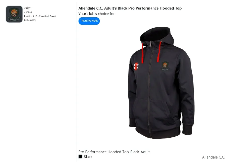 Allendale C.C. Adult's Black Pro Performance Hooded Top