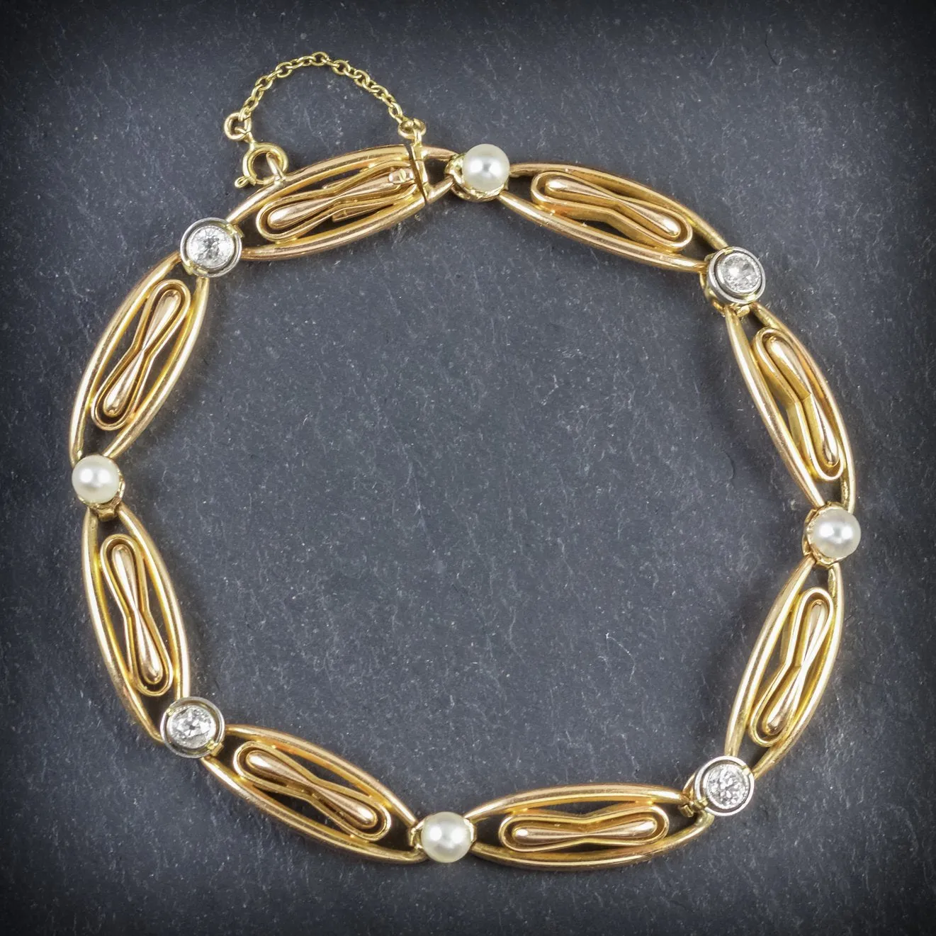 Antique Edwardian French Diamond Pearl Bracelet 18ct Gold