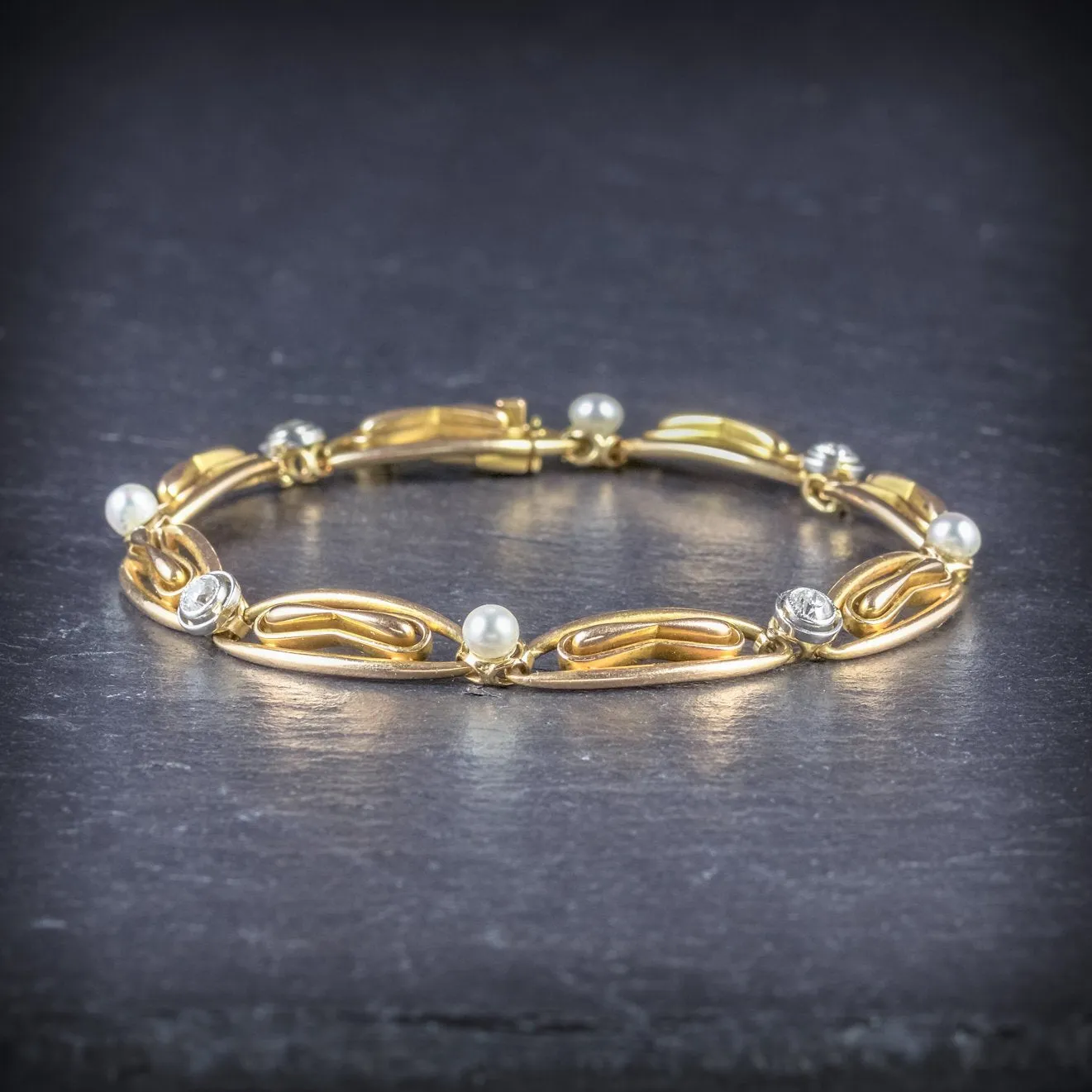 Antique Edwardian French Diamond Pearl Bracelet 18ct Gold