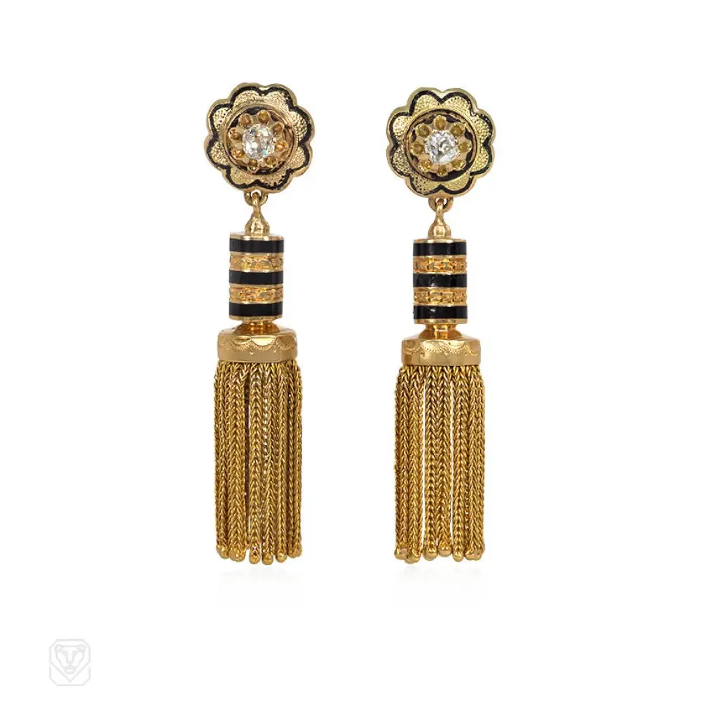 Antique French gold, diamond, and enamel tassel earrings