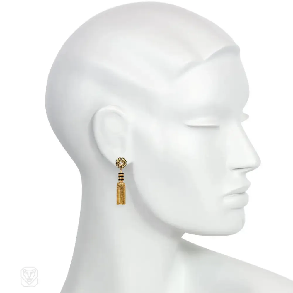 Antique French gold, diamond, and enamel tassel earrings