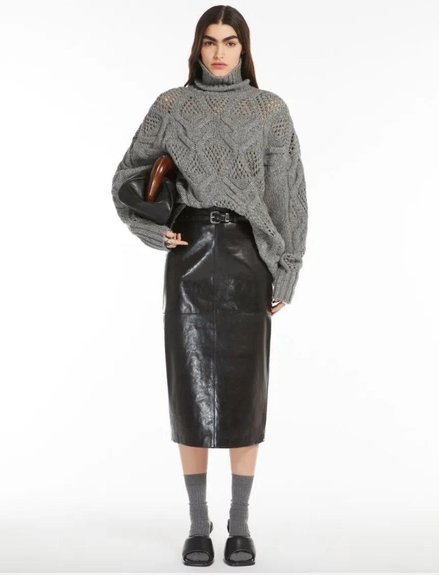 Bairo Nappa Leather Midi Skirt in Black