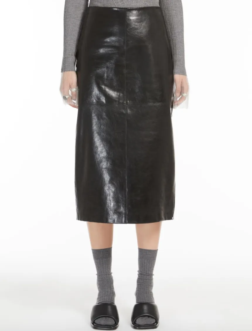 Bairo Nappa Leather Midi Skirt in Black