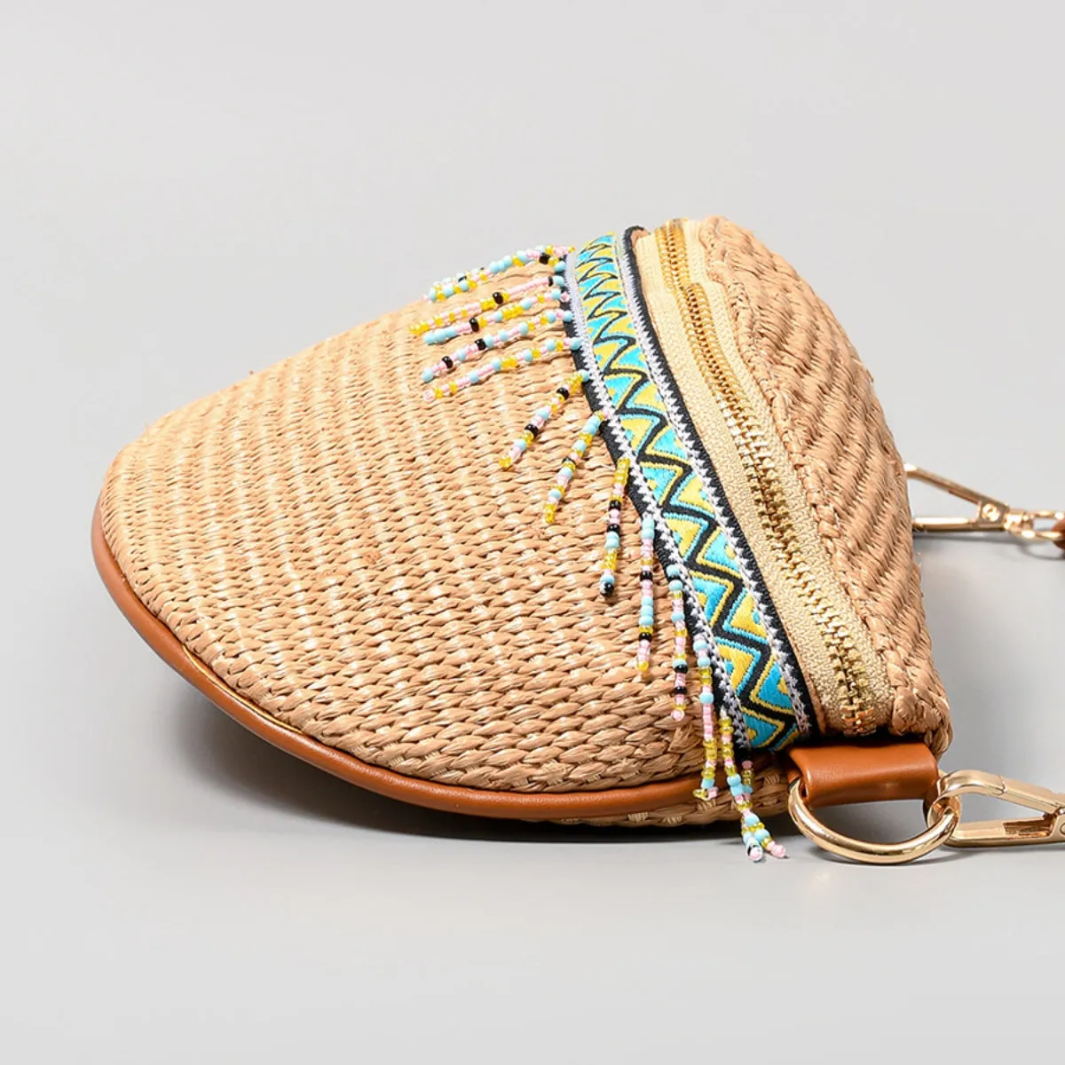 Bead Trim Straw Weave Crossbody Bag