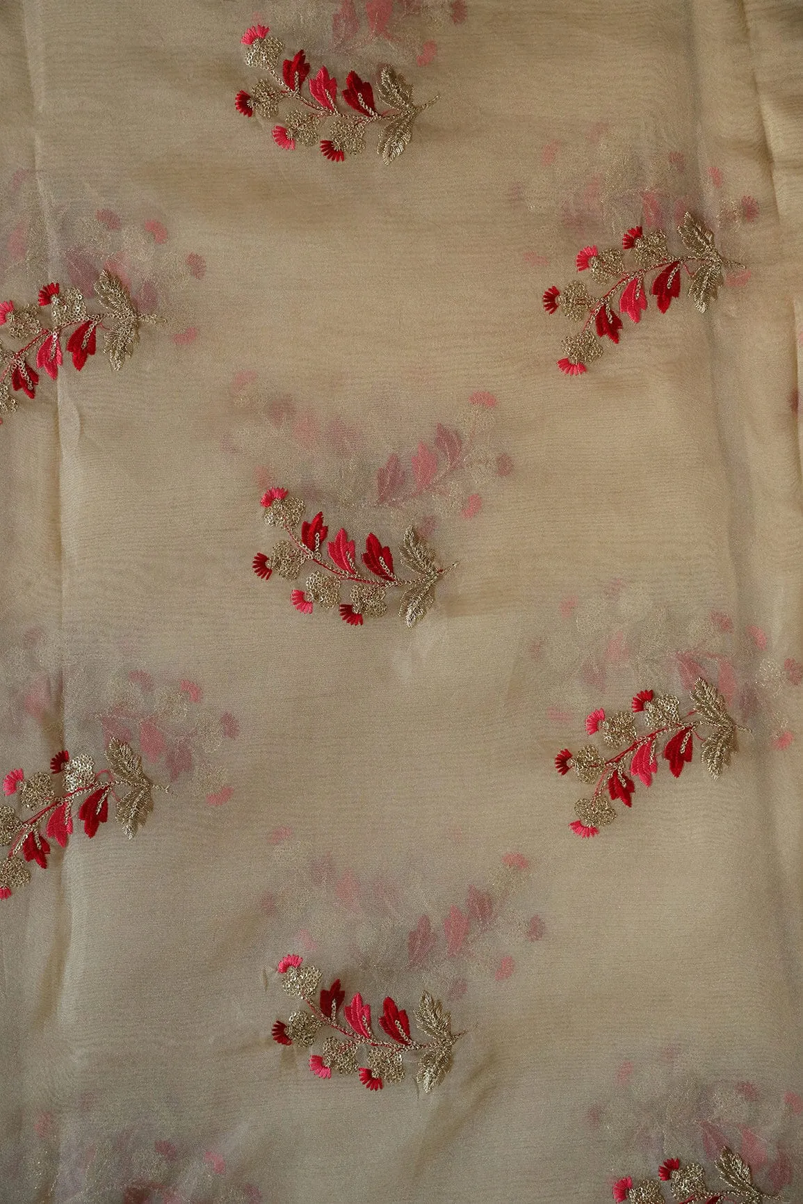 Beautiful Multi Color Leafy Embroidery Work On Beige Tissue Fabric