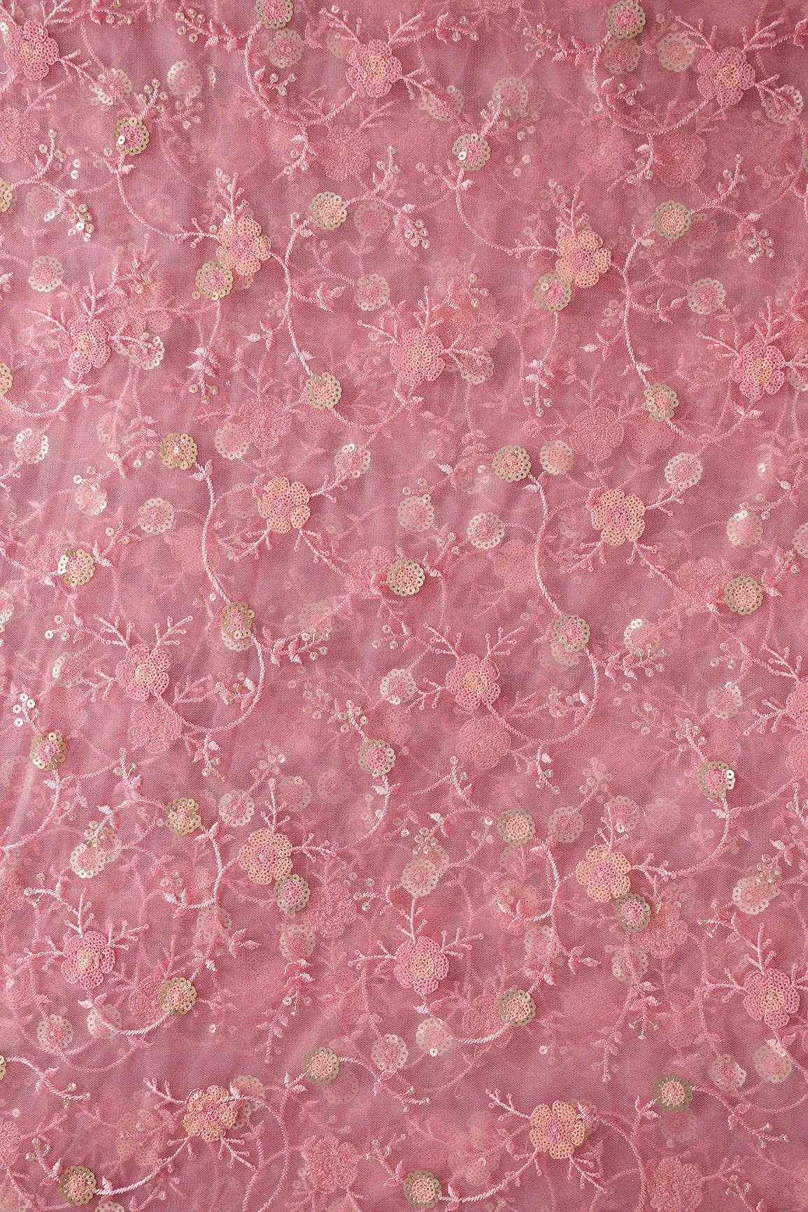 Beautiful Multi Color Sequins Floral Embroidery Work On Pink Soft Net Fabric