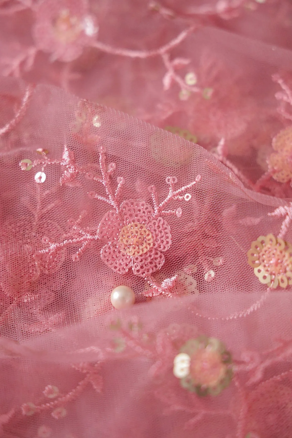 Beautiful Multi Color Sequins Floral Embroidery Work On Pink Soft Net Fabric